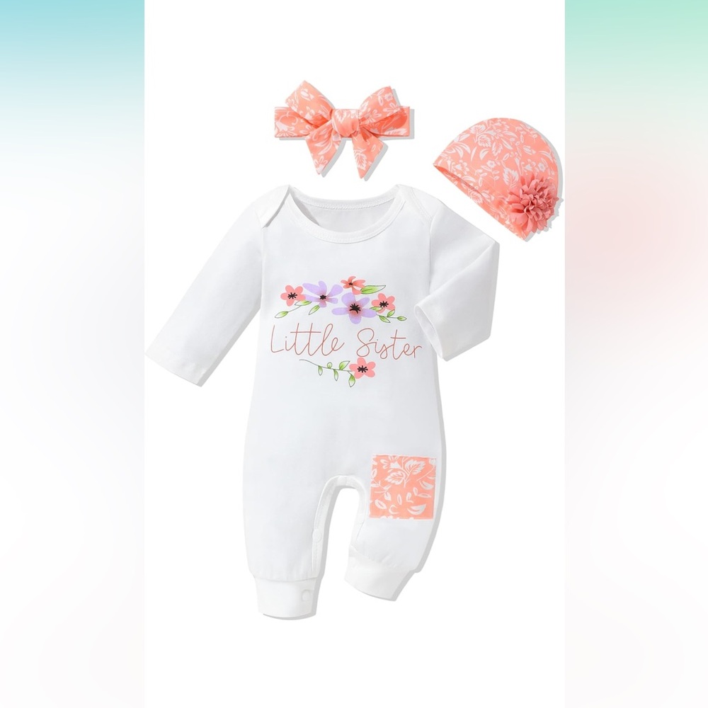 🆕#1~OKLADY Floral Little Sister White & Peach Newborn Baby Onesie 3 Piece Set